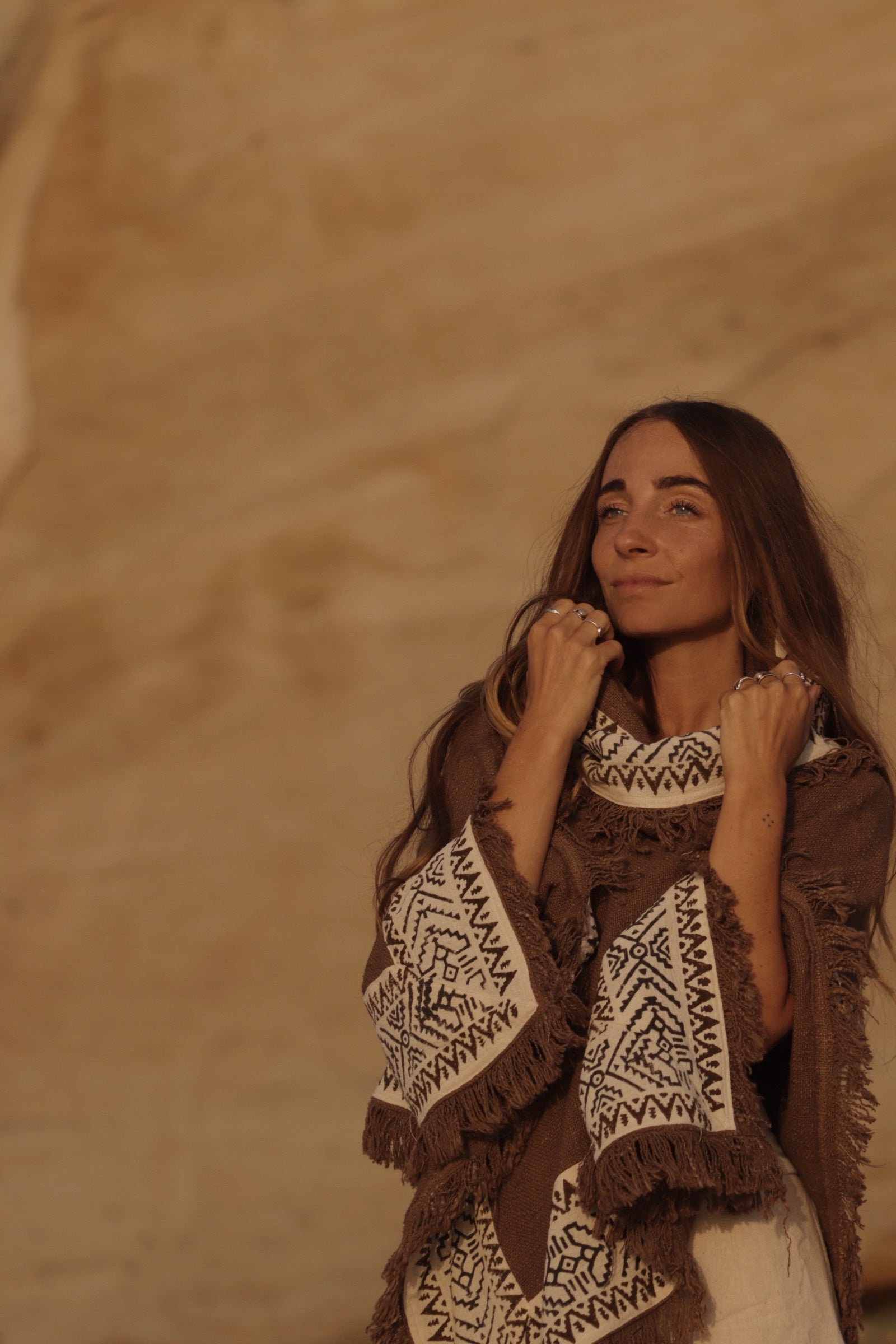 Bohemian Tribal Cotton Poncho - Earth Brown