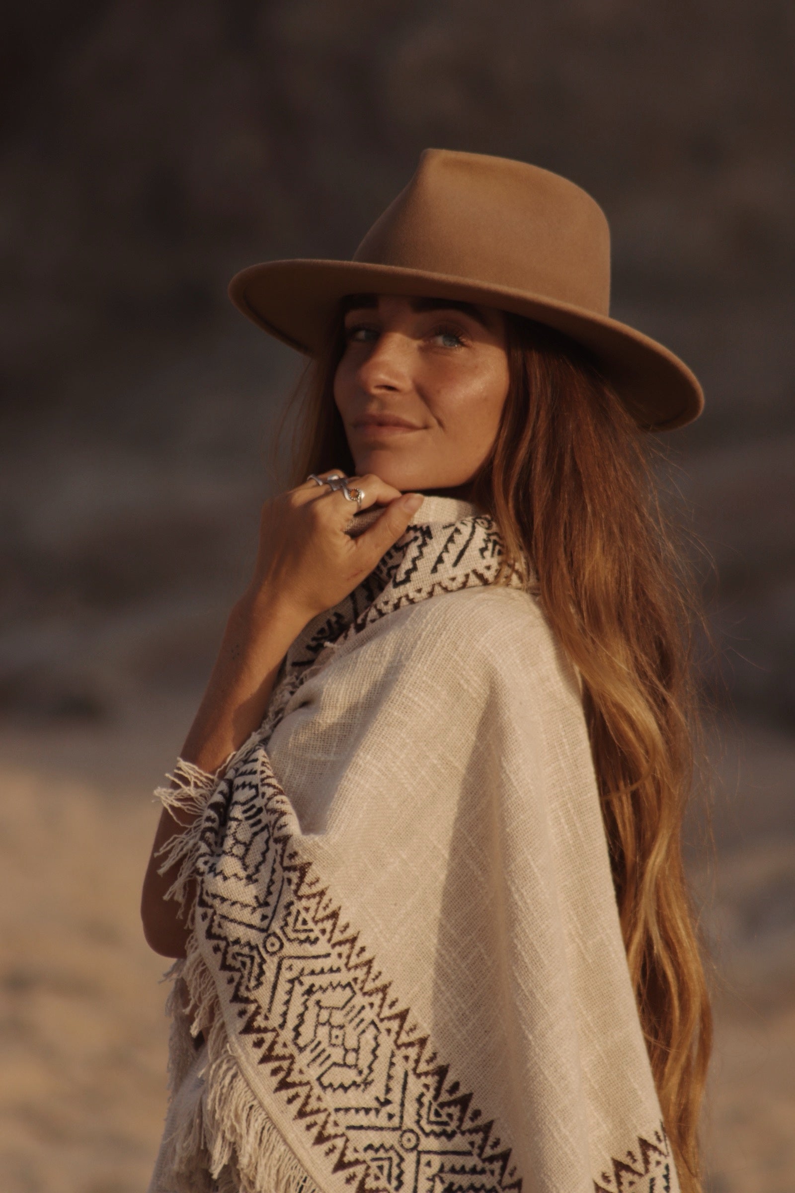 Bohemian Tribal Cotton Poncho - Natural Ivory