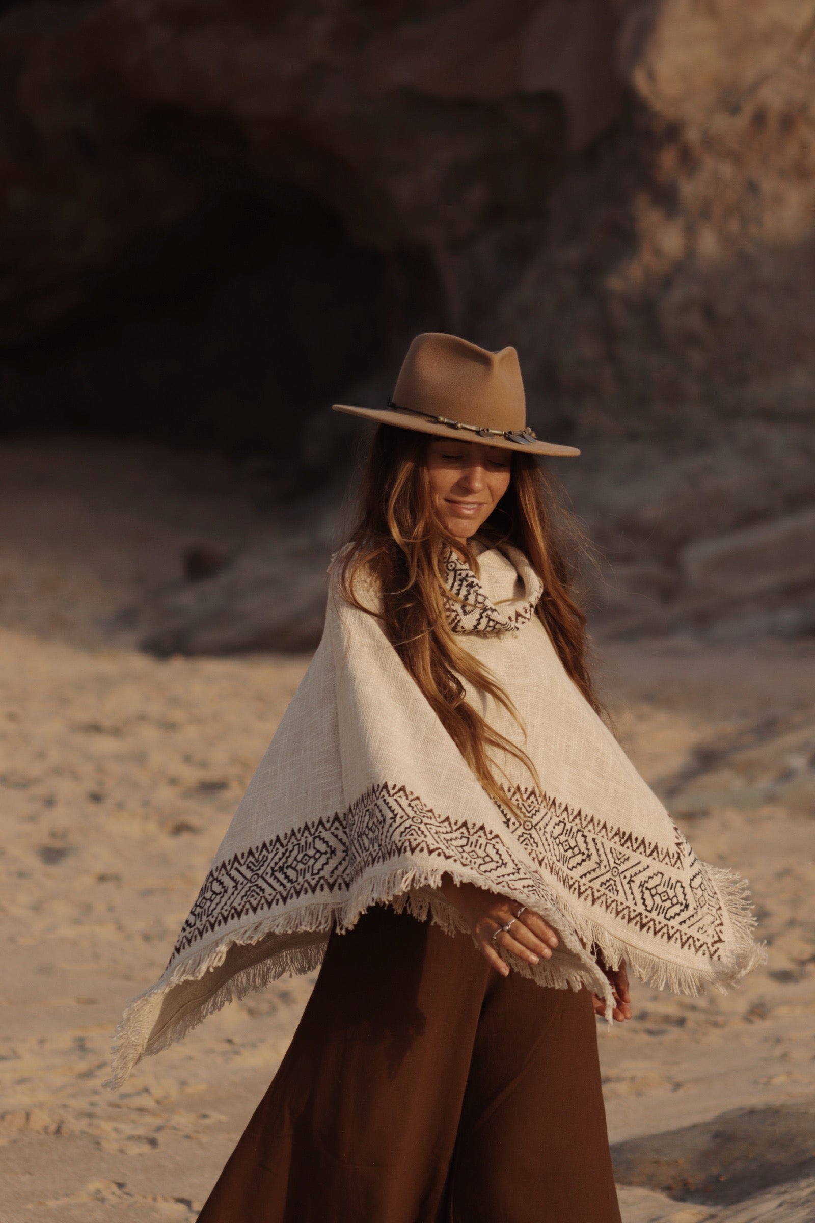 Bohemian Tribal Cotton Poncho - Natural Ivory