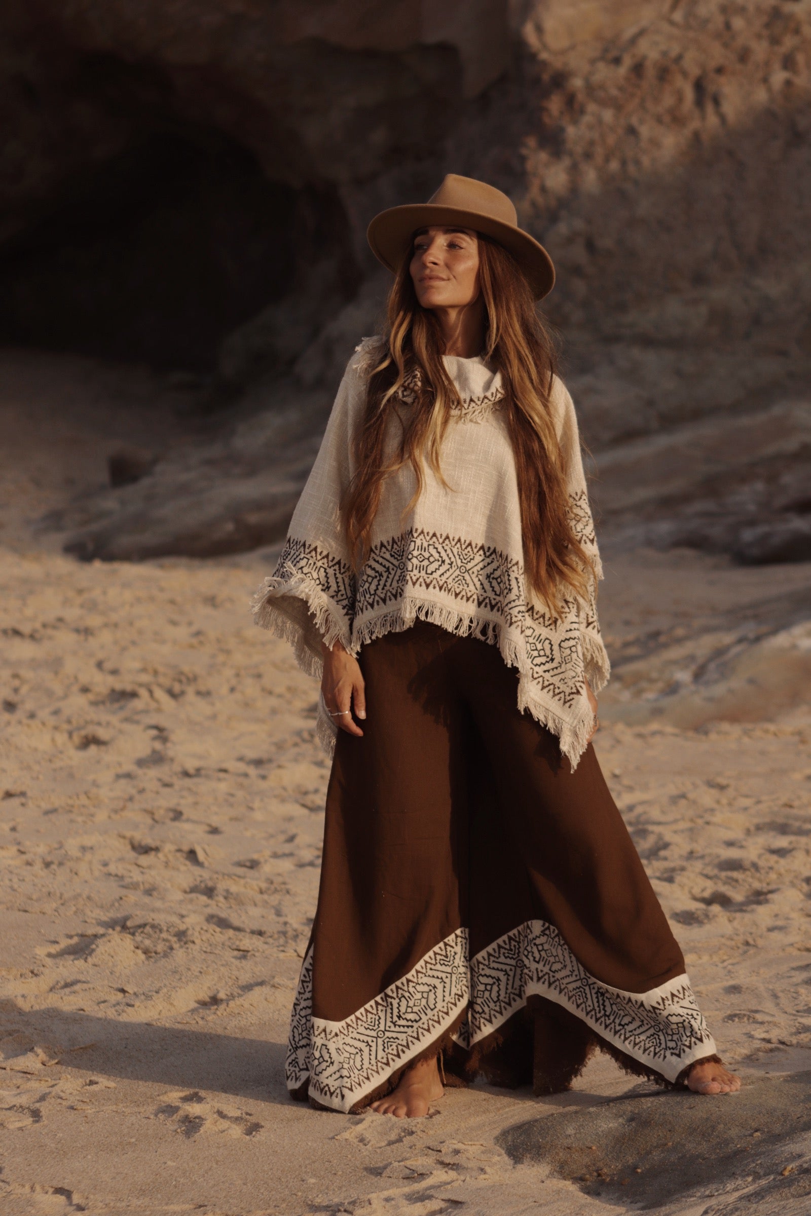 Bohemian Tribal Cotton Poncho - Natural Ivory