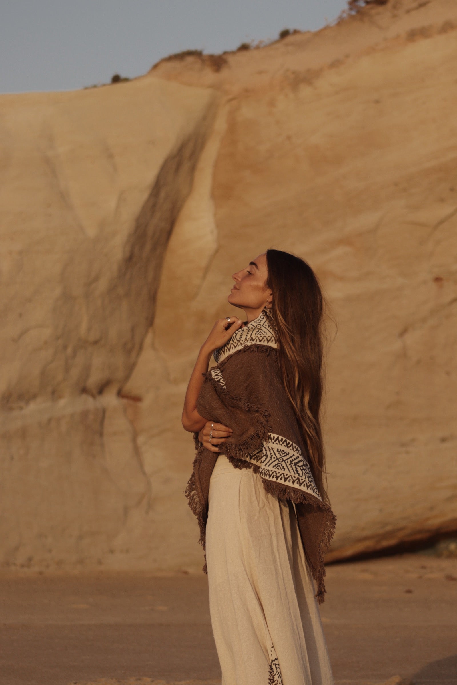 Bohemian Tribal Cotton Poncho - Earth Brown