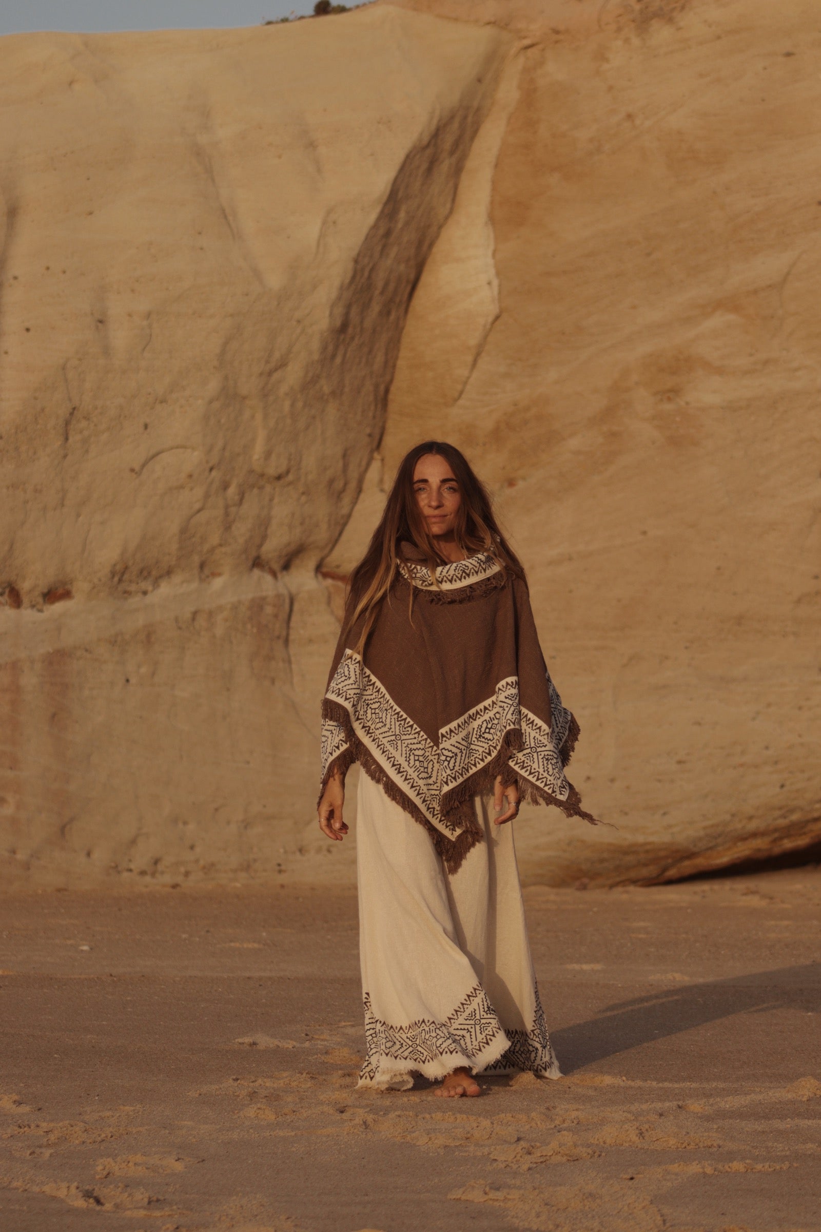 Bohemian Tribal Cotton Poncho - Earth Brown