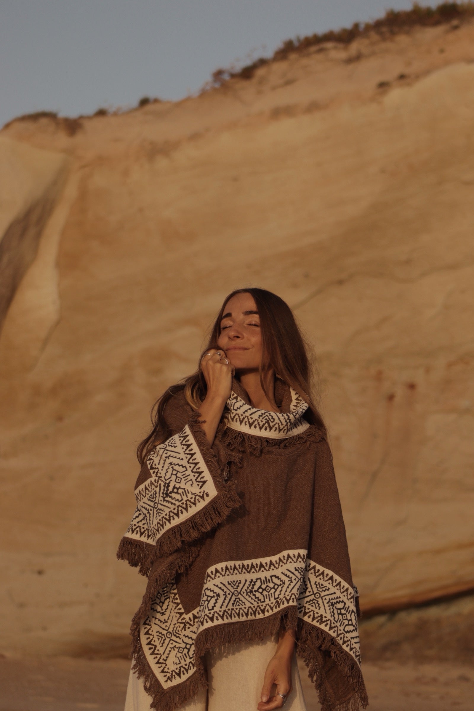 Bohemian Tribal Cotton Poncho - Earth Brown