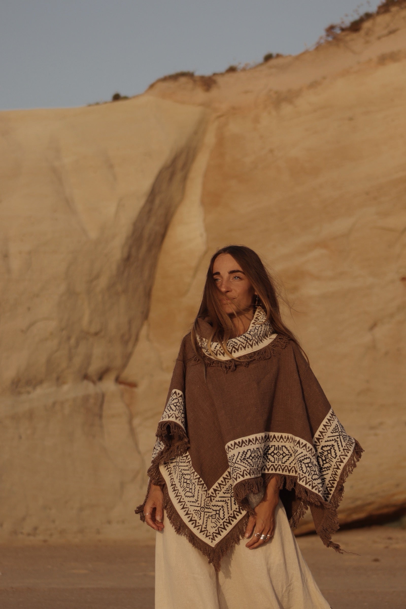 Bohemian Tribal Cotton Poncho - Earth Brown