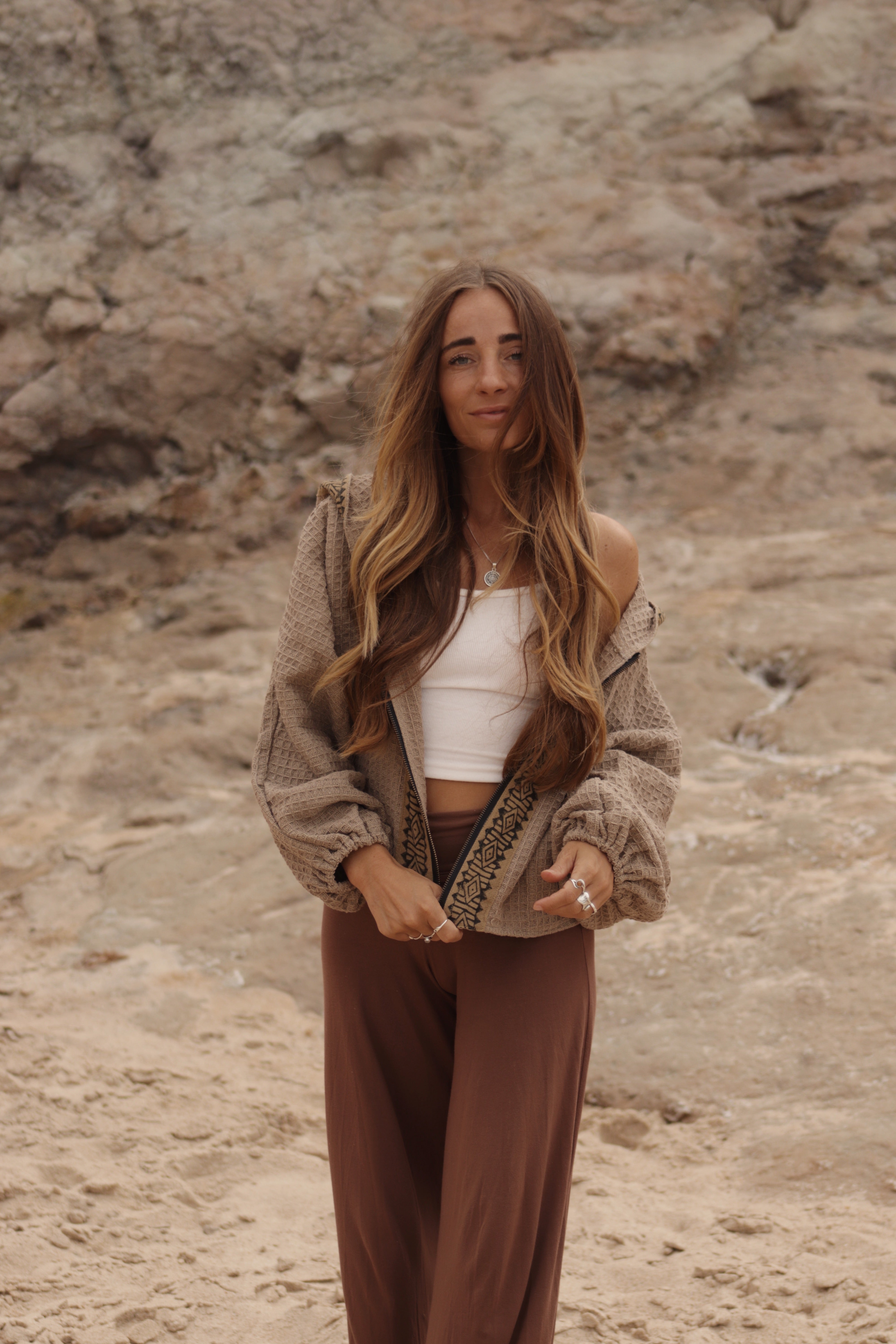Hooded Cotton Cardigan - Clay Beige