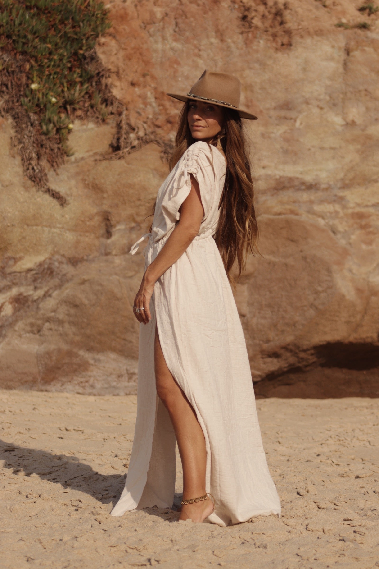 Boho Cotton Gauze Maxi Dress - Natural ivory