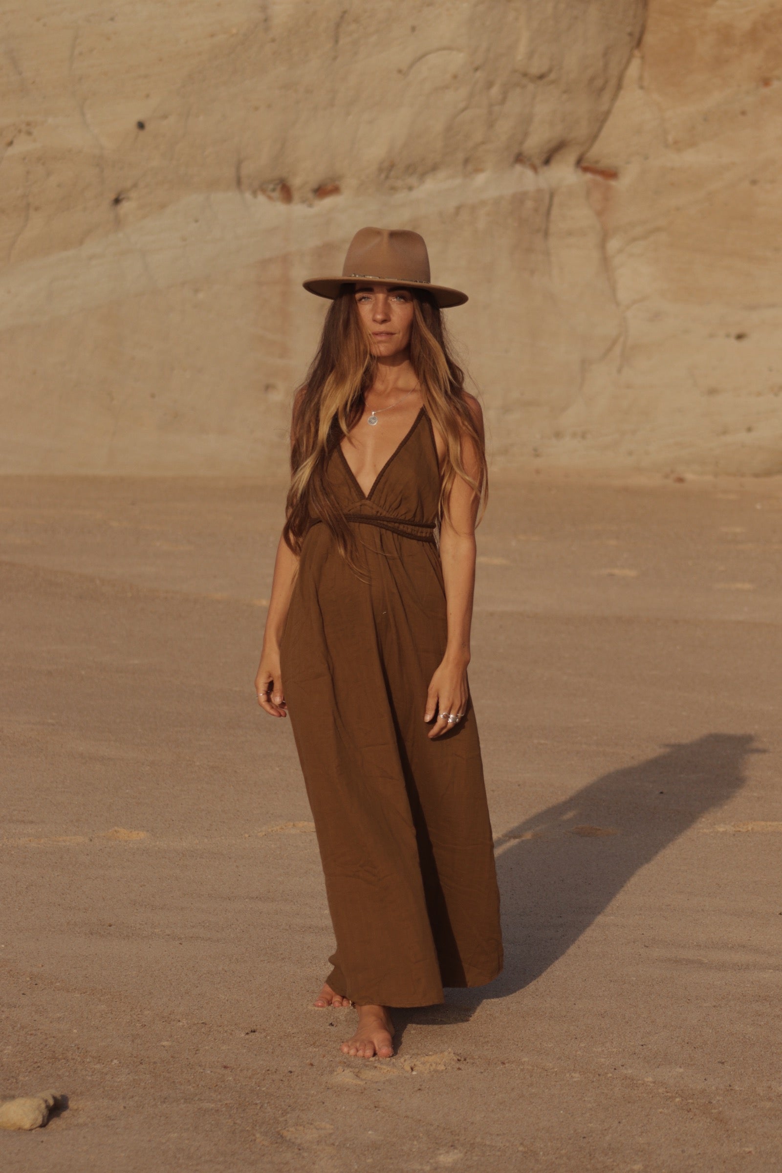 Long Cotton Gauze Dress - Earthy Brown
