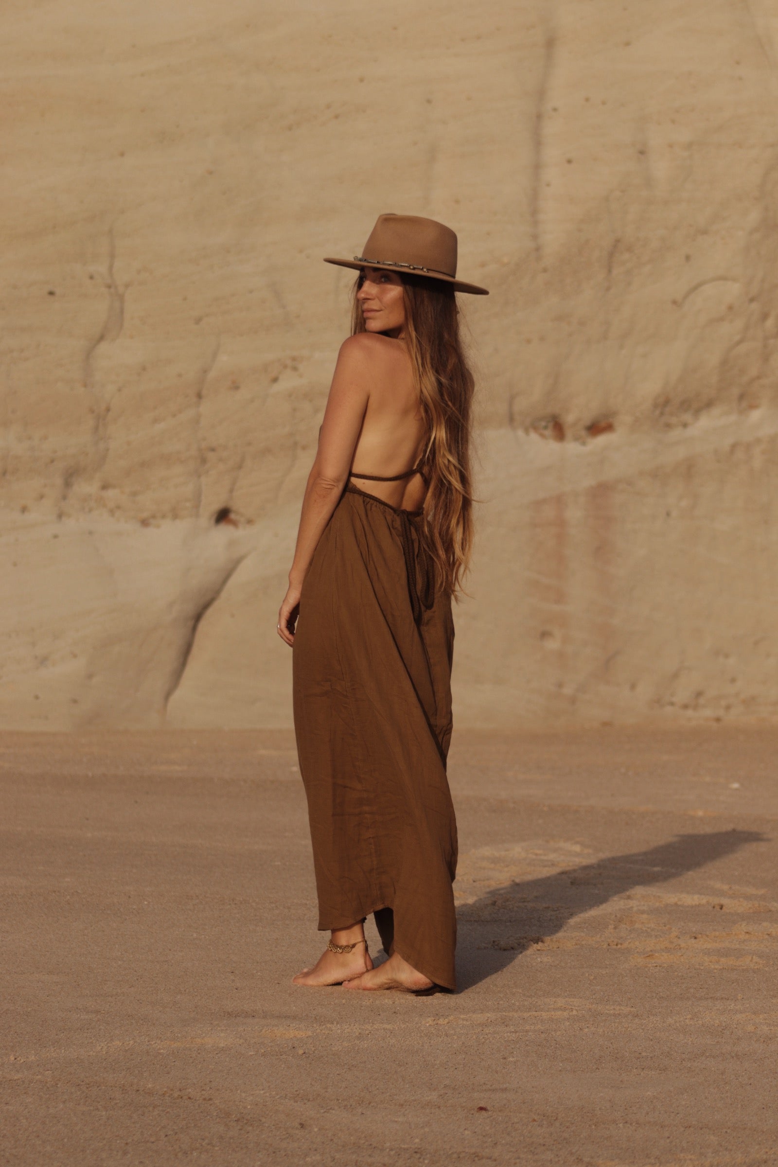 Long Cotton Gauze Dress - Earthy Brown