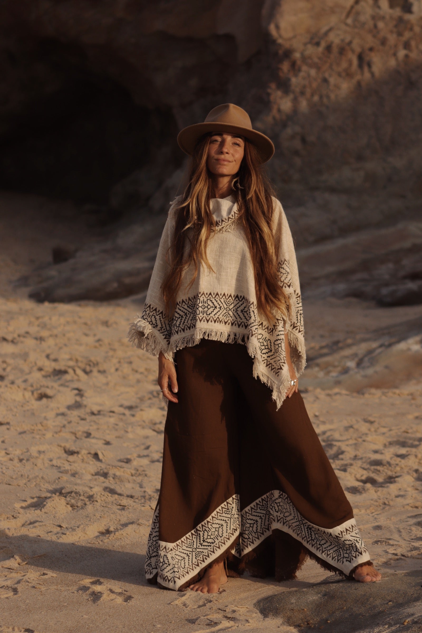 Bohemian Tribal Cotton Poncho - Natural Ivory