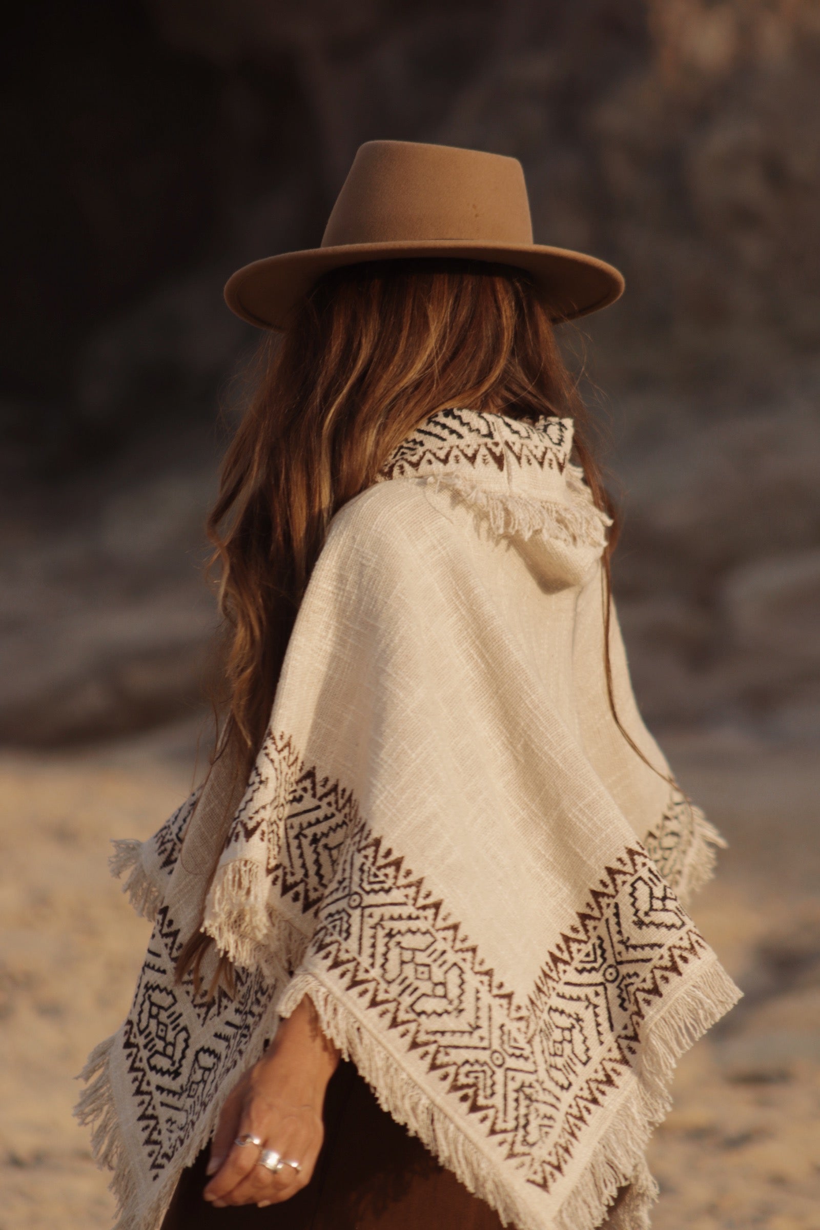 Bohemian Tribal Cotton Poncho - Natural Ivory