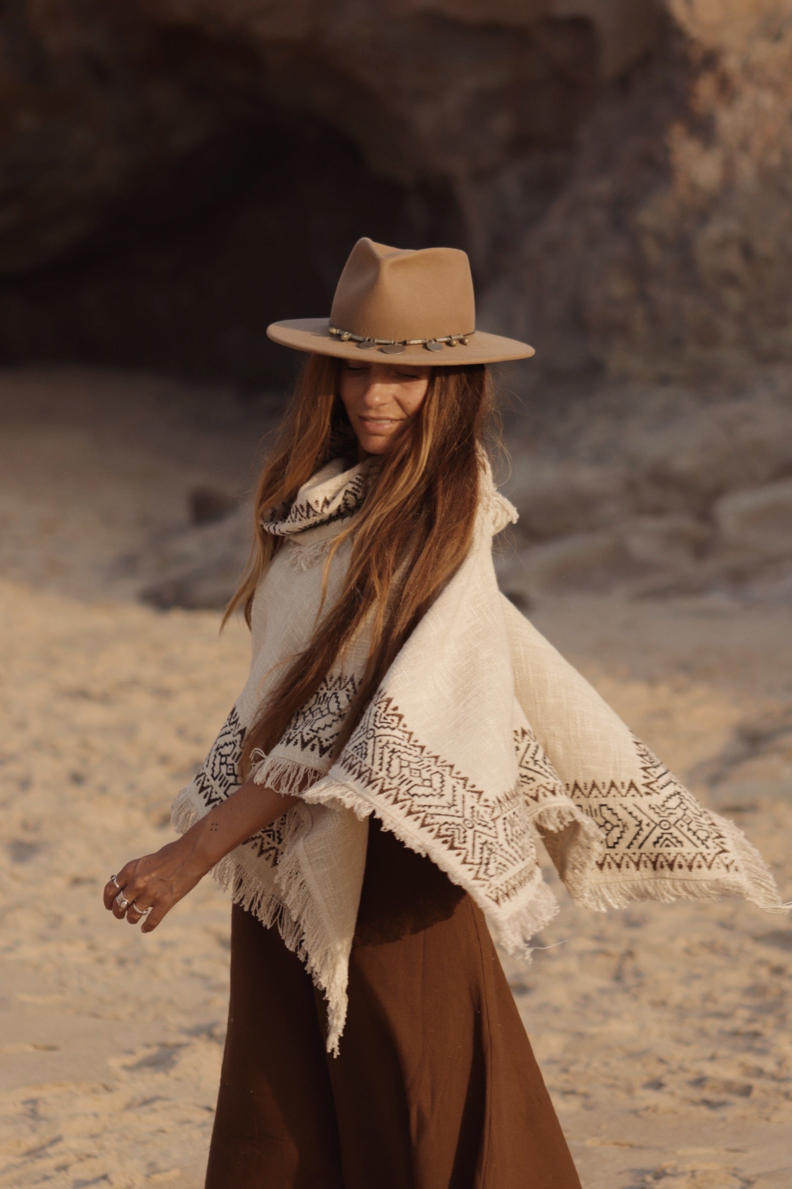 Bohemian Tribal Cotton Poncho - Natural Ivory