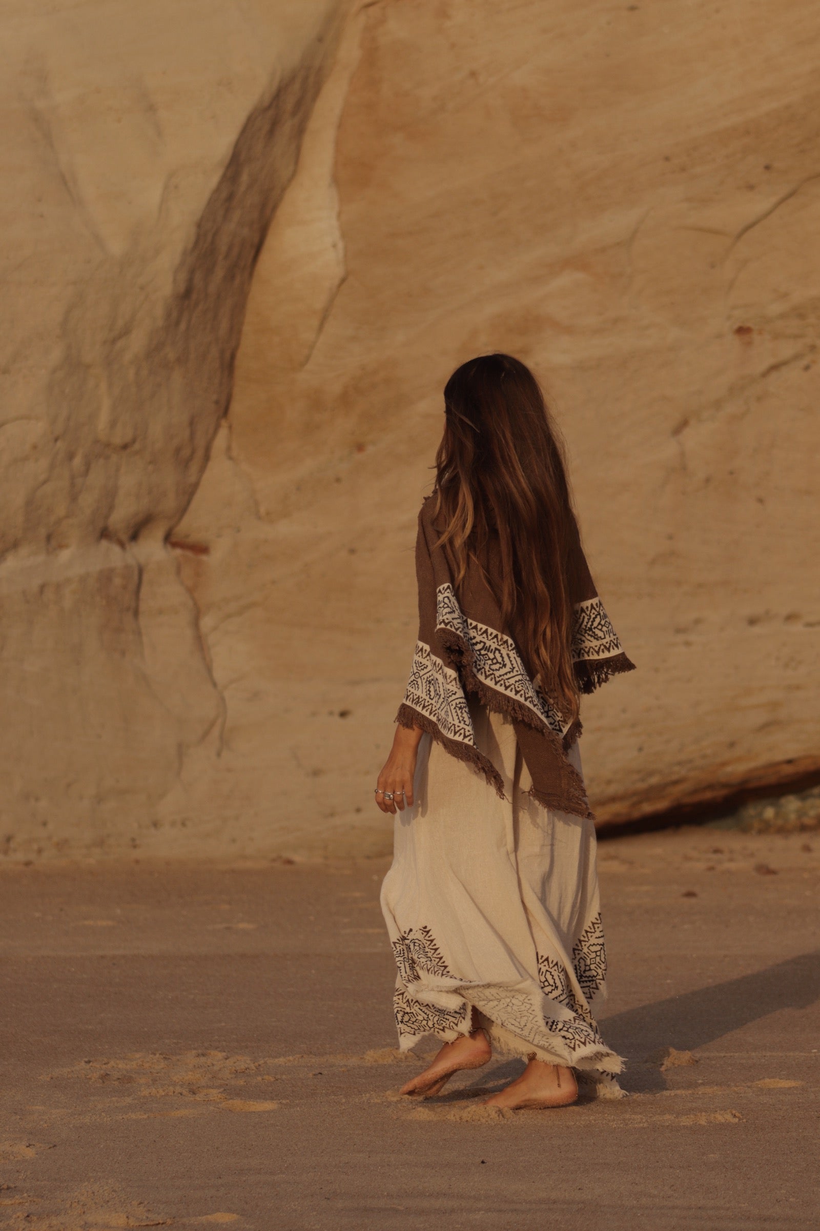Bohemian Tribal Cotton Poncho - Earth Brown