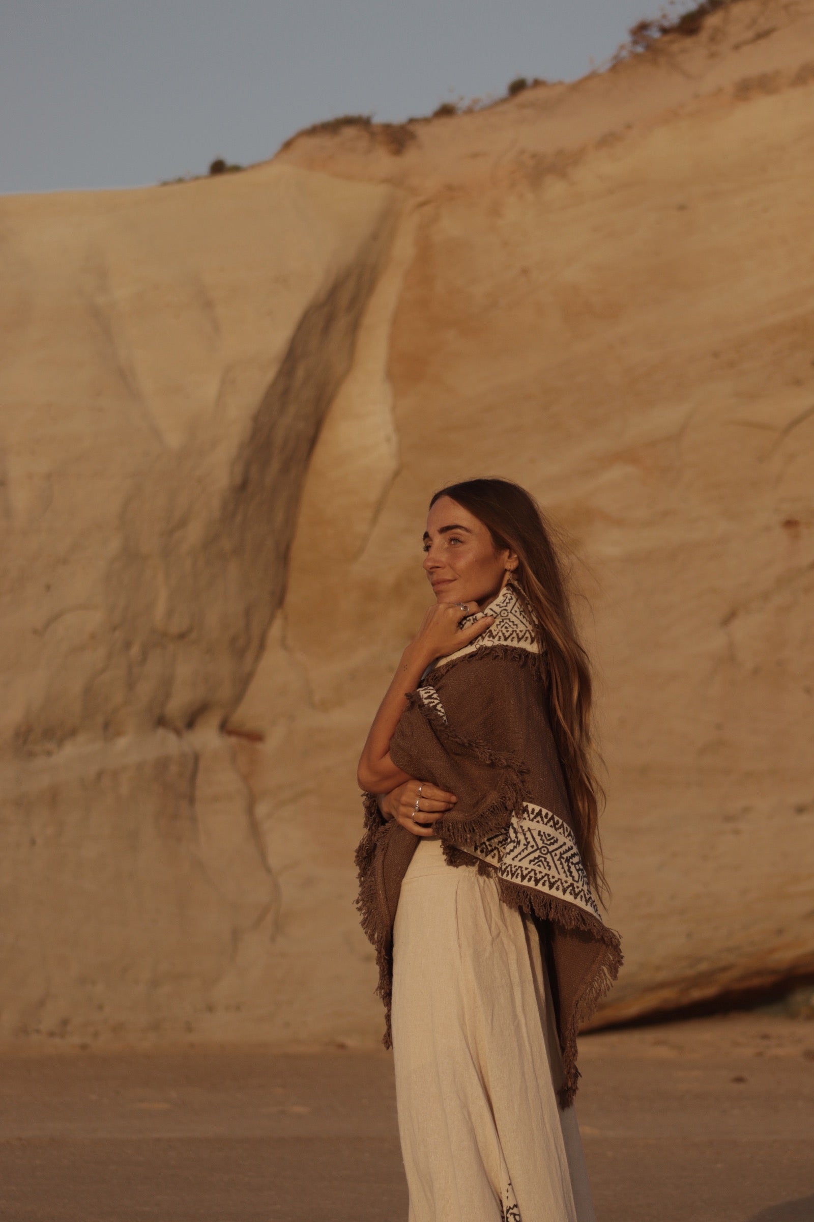 Bohemian Tribal Cotton Poncho - Earth Brown